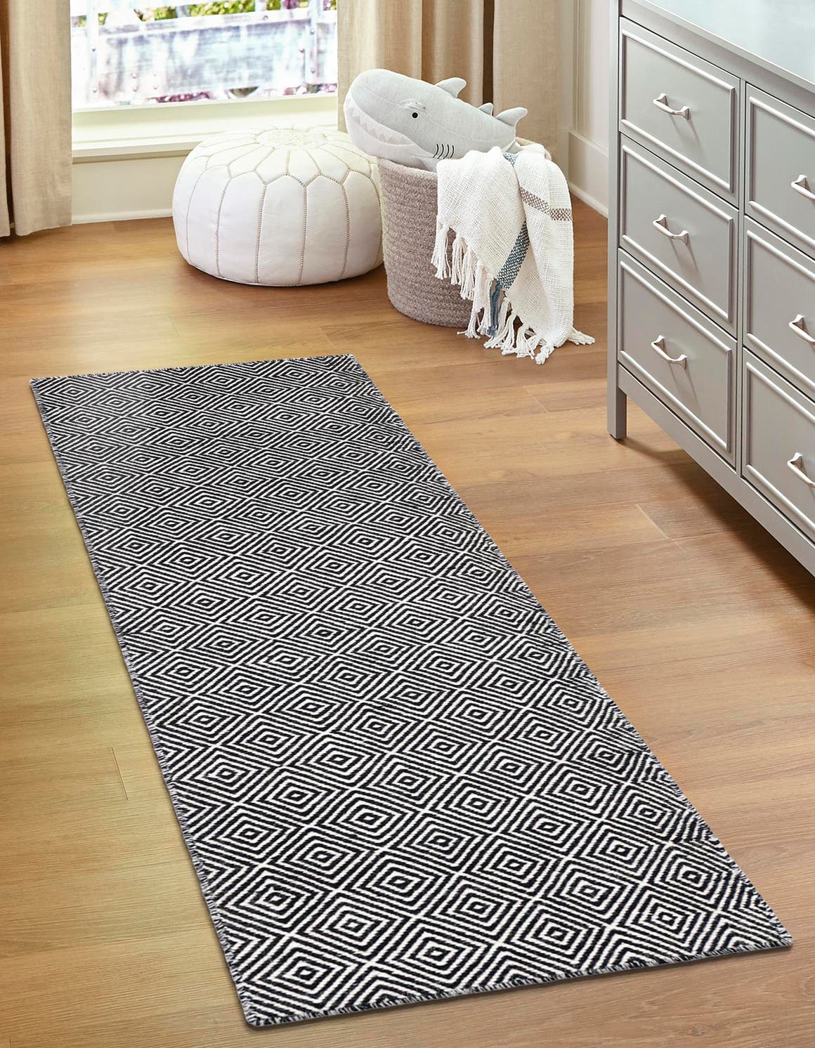 Black 2' x 8' Geo Trellis Flatweave Runner Area Rug 80% Wool & 20% Cotton Natural Geometric Carpet for Living, Office, Dining, Dorms for Sale at Rug Engine