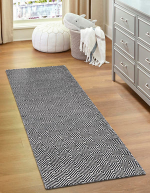 Black 2' x 8' Geo Trellis Flatweave Runner Area Rug 80% Wool & 20% Cotton Natural Geometric Carpet for Living, Office, Dining, Dorms for Sale at Rug Engine