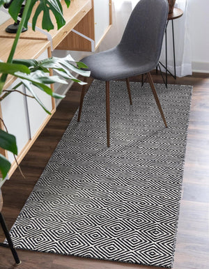 Black 2' x 8' Geo Trellis Flatweave Runner Area Rug 80% Wool & 20% Cotton Natural Geometric Carpet for Living, Office, Dining, Dorms for Sale at Rug Engine