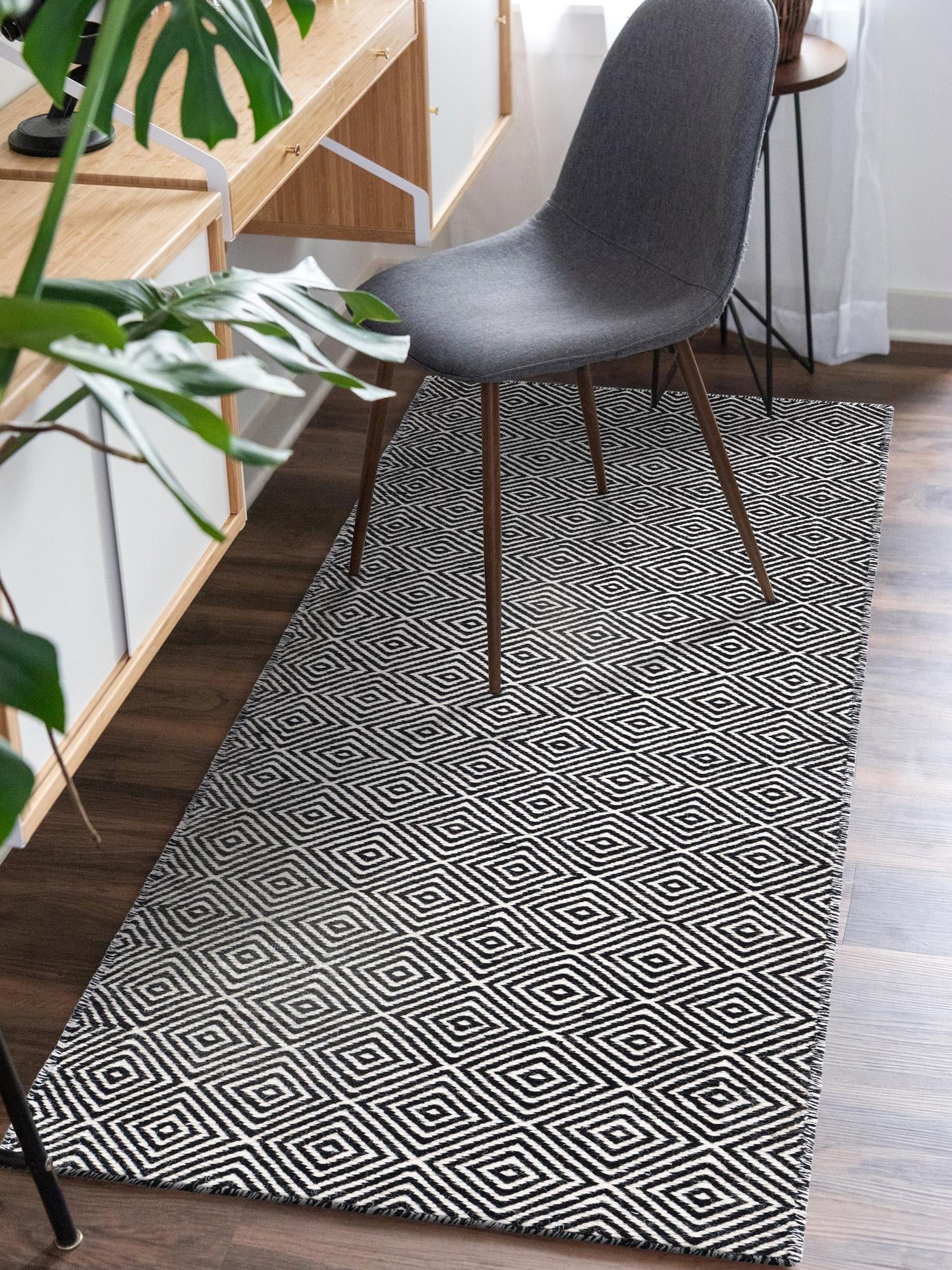 Black 2' 7 x 12' Geo Trellis Flatweave Runner Area Rug 80% Wool & 20% Cotton Natural Geometric Carpet for Living, Office, Dining, Dorms for Sale at Rug Engine