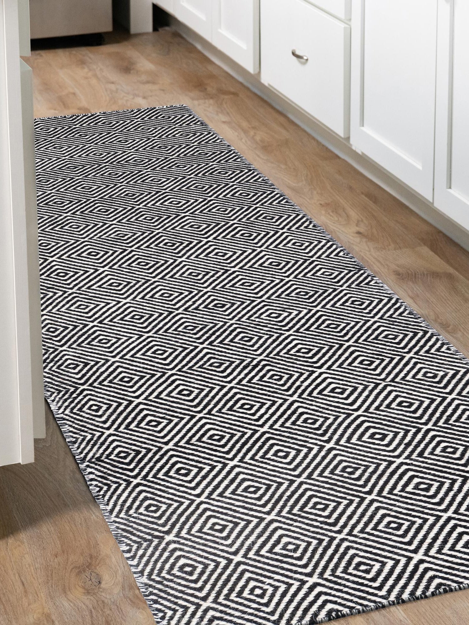 Black 2' x 8' Geo Trellis Flatweave Runner Area Rug 80% Wool & 20% Cotton Natural Geometric Carpet for Living, Office, Dining, Dorms for Sale at Rug Engine