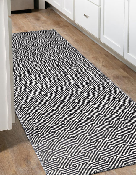 Black 2' x 8' Geo Trellis Flatweave Runner Area Rug 80% Wool & 20% Cotton Natural Geometric Carpet for Living, Office, Dining, Dorms for Sale at Rug Engine