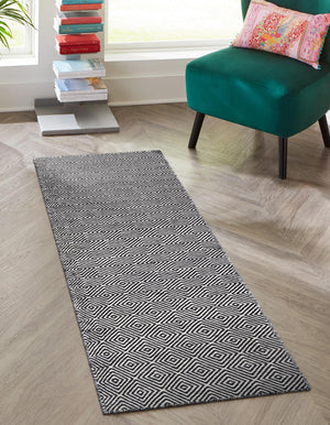 Black 2' x 8' Geo Trellis Flatweave Runner Area Rug 80% Wool & 20% Cotton Natural Geometric Carpet for Living, Office, Dining, Dorms for Sale at Rug Engine
