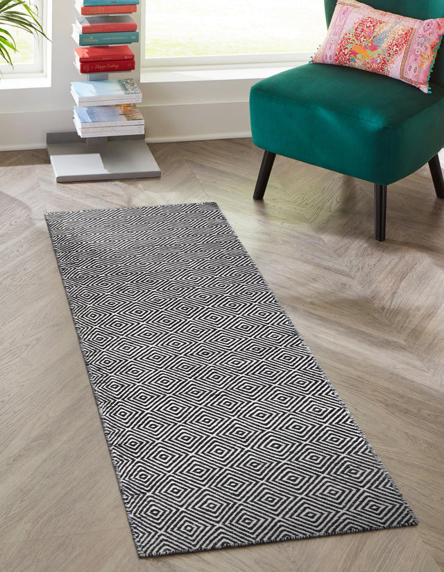 Black 2' x 8' Geo Trellis Flatweave Runner Area Rug 80% Wool & 20% Cotton Natural Geometric Carpet for Living, Office, Dining, Dorms for Sale at Rug Engine