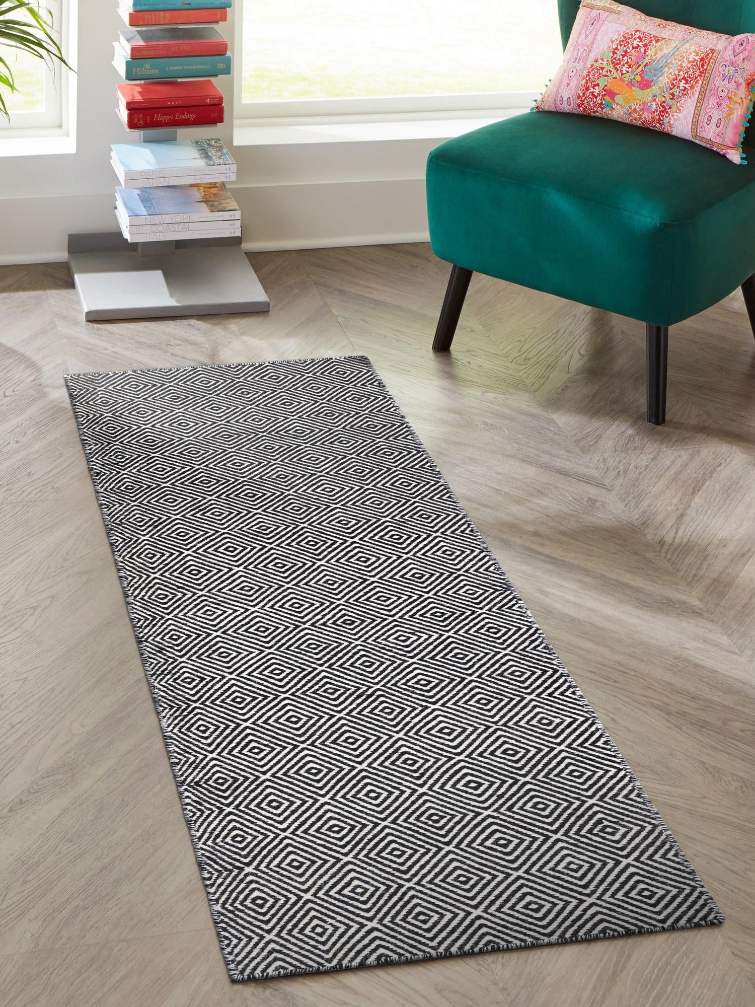 Black 2' 7 x 14' 1 Geo Trellis Flatweave Runner Area Rug 80% Wool & 20% Cotton Natural Geometric Carpet for Living, Office, Dining, Dorms for Sale at Rug Engine