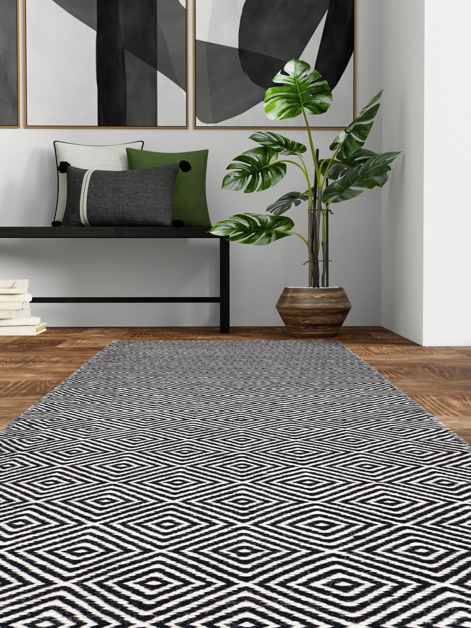 Black 2' x 8' Geo Trellis Flatweave Runner Area Rug 80% Wool & 20% Cotton Natural Geometric Carpet for Living, Office, Dining, Dorms for Sale at Rug Engine