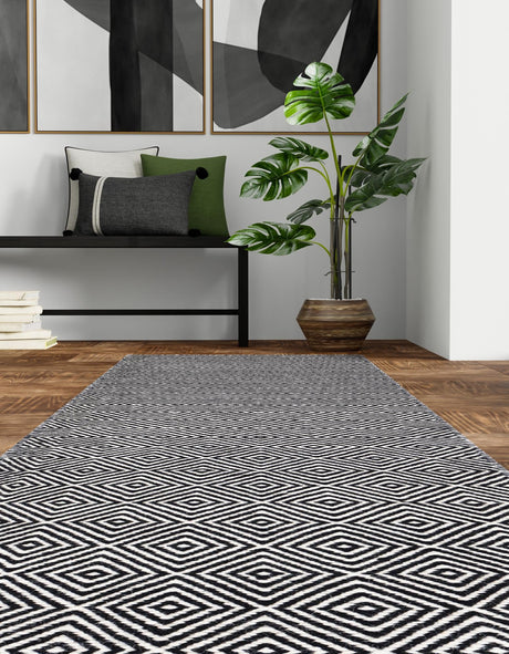 Black 2' x 8' Geo Trellis Flatweave Runner Area Rug 80% Wool & 20% Cotton Natural Geometric Carpet for Living, Office, Dining, Dorms for Sale at Rug Engine