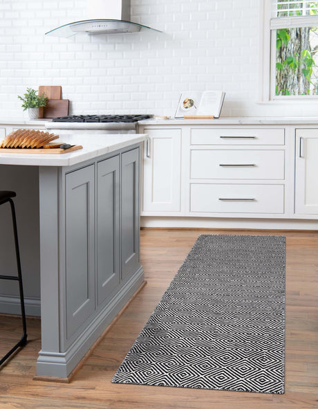 Black 2' x 8' Geo Trellis Flatweave Runner Area Rug 80% Wool & 20% Cotton Natural Geometric Carpet for Living, Office, Dining, Dorms for Sale at Rug Engine