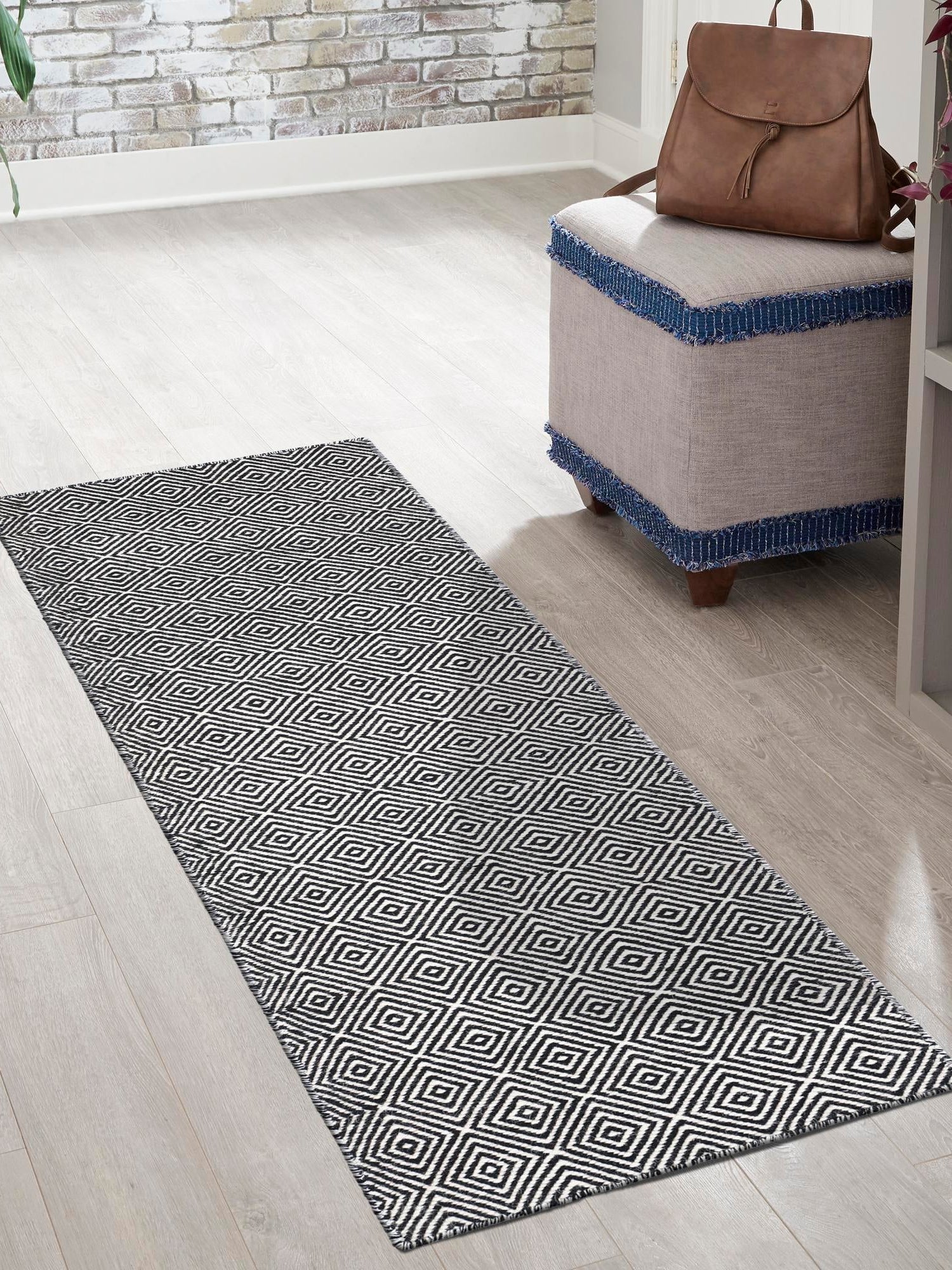 Black 2' 7 x 14' 1 Geo Trellis Flatweave Runner Area Rug 80% Wool & 20% Cotton Natural Geometric Carpet for Living, Office, Dining, Dorms for Sale at Rug Engine