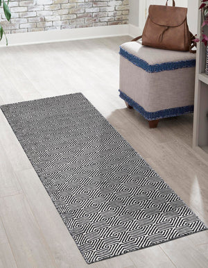 Black 2' 7 x 14' 1 Geo Trellis Flatweave Runner Area Rug 80% Wool & 20% Cotton Natural Geometric Carpet for Living, Office, Dining, Dorms for Sale at Rug Engine