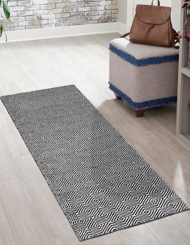 Black 2' 7 x 12' Geo Trellis Flatweave Runner Area Rug 80% Wool & 20% Cotton Natural Geometric Carpet for Living, Office, Dining, Dorms for Sale at Rug Engine