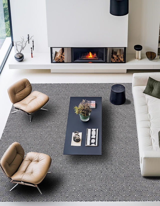 Black 7' 10 x 7' 10 Geo Trellis Flatweave Square Area Rug 80% Wool & 20% Cotton Natural Geometric Carpet for Living, Office, Dining, Dorms for Sale at Rug Engine