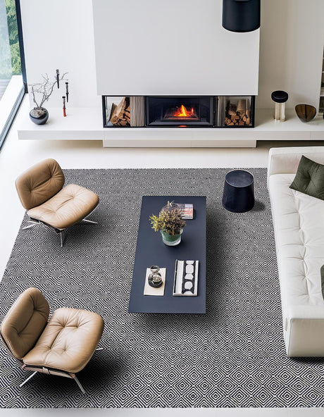Black 12' x 12' Geo Trellis Flatweave Square Area Rug 80% Wool & 20% Cotton Natural Geometric Carpet for Living, Office, Dining, Dorms for Sale at Rug Engine