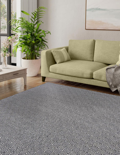 Black 10' x 10' Geo Trellis Flatweave Square Area Rug 80% Wool & 20% Cotton Natural Geometric Carpet for Living, Office, Dining, Dorms for Sale at Rug Engine