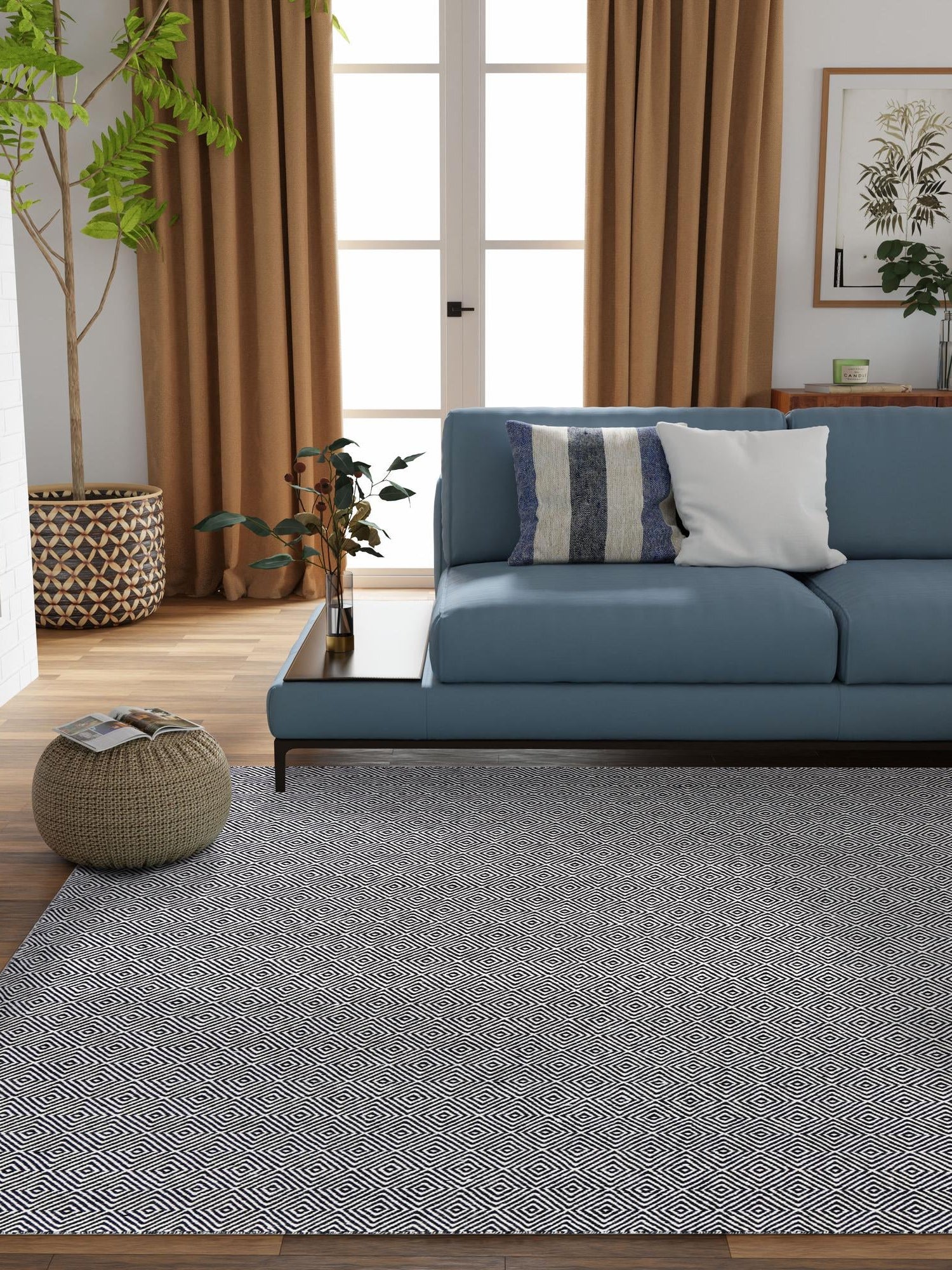 Black 7' 10 x 7' 10 Geo Trellis Flatweave Square Area Rug 80% Wool & 20% Cotton Natural Geometric Carpet for Living, Office, Dining, Dorms for Sale at Rug Engine
