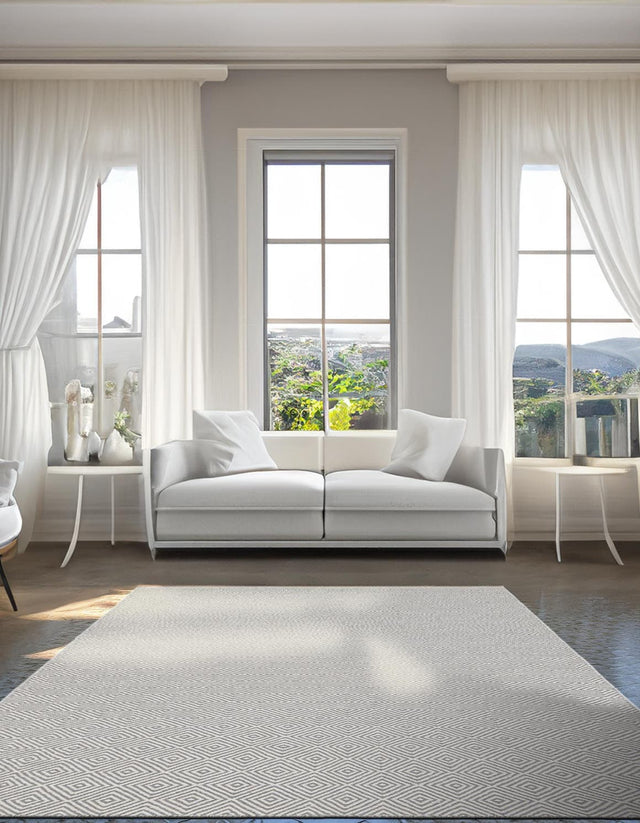 Gray 4' 1 x 6' 1 Geo Trellis Flatweave Rectangle Area Rug 80% Wool & 20% Cotton Natural Geometric Carpet for Living, Office, Dining, Dorms for Sale at Rug Engine