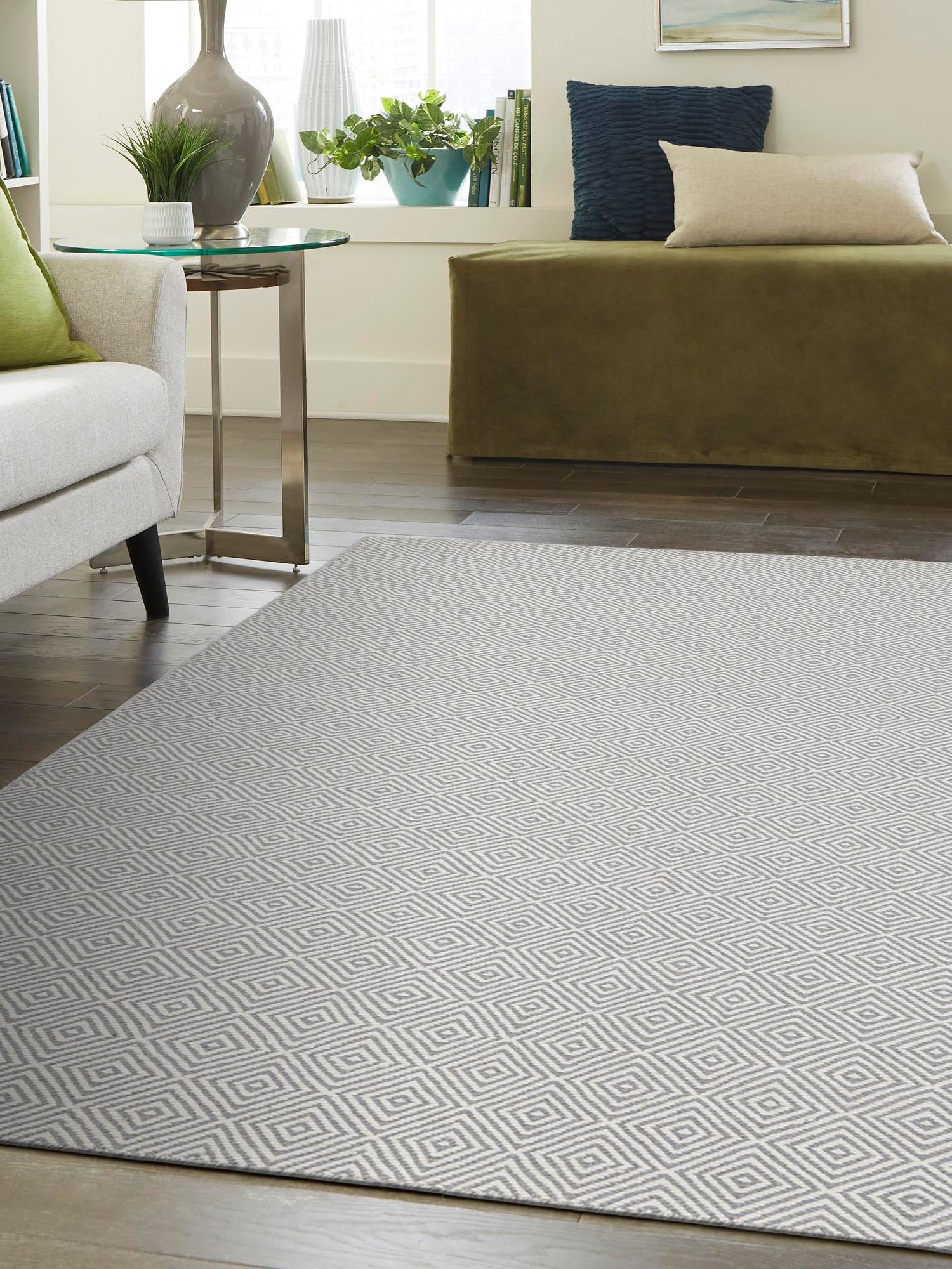 Gray 4' 1 x 6' 1 Geo Trellis Flatweave Rectangle Area Rug 80% Wool & 20% Cotton Natural Geometric Carpet for Living, Office, Dining, Dorms for Sale at Rug Engine