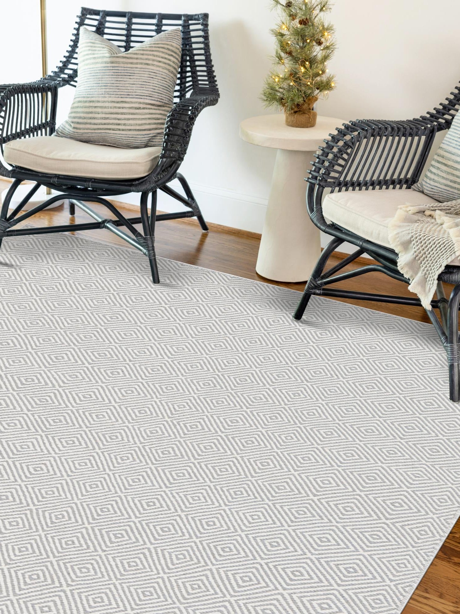 Gray 6' 1 x 9' Geo Trellis Flatweave Rectangle Area Rug 80% Wool & 20% Cotton Natural Geometric Carpet for Living, Office, Dining, Dorms for Sale at Rug Engine