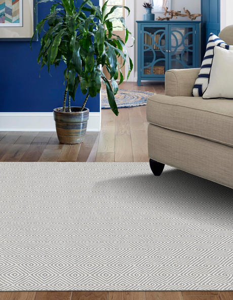 Gray 4' 1 x 6' 1 Geo Trellis Flatweave Rectangle Area Rug 80% Wool & 20% Cotton Natural Geometric Carpet for Living, Office, Dining, Dorms for Sale at Rug Engine