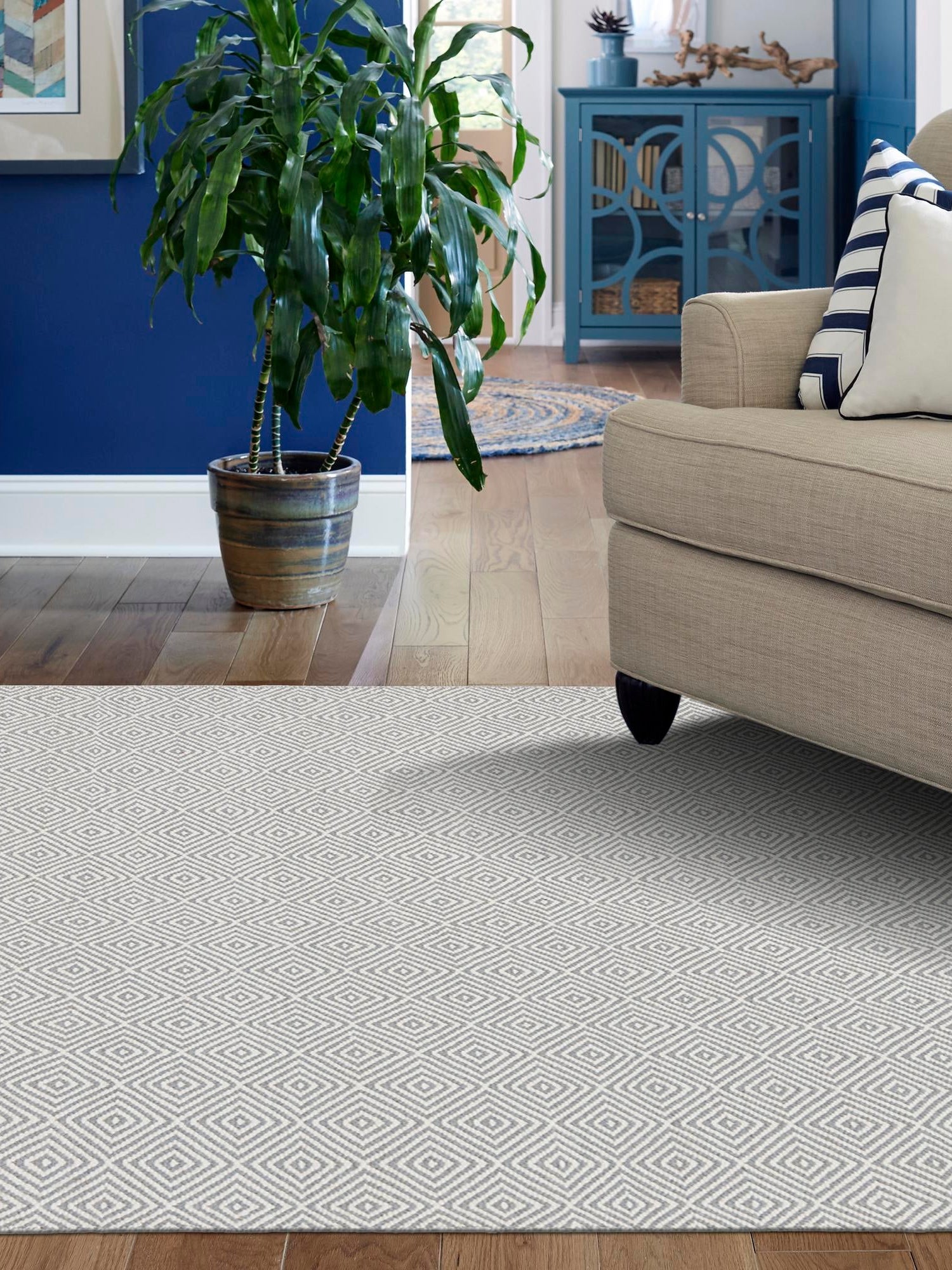 Gray 7' 10 x 10' Geo Trellis Flatweave Rectangle Area Rug 80% Wool & 20% Cotton Natural Geometric Carpet for Living, Office, Dining, Dorms for Sale at Rug Engine