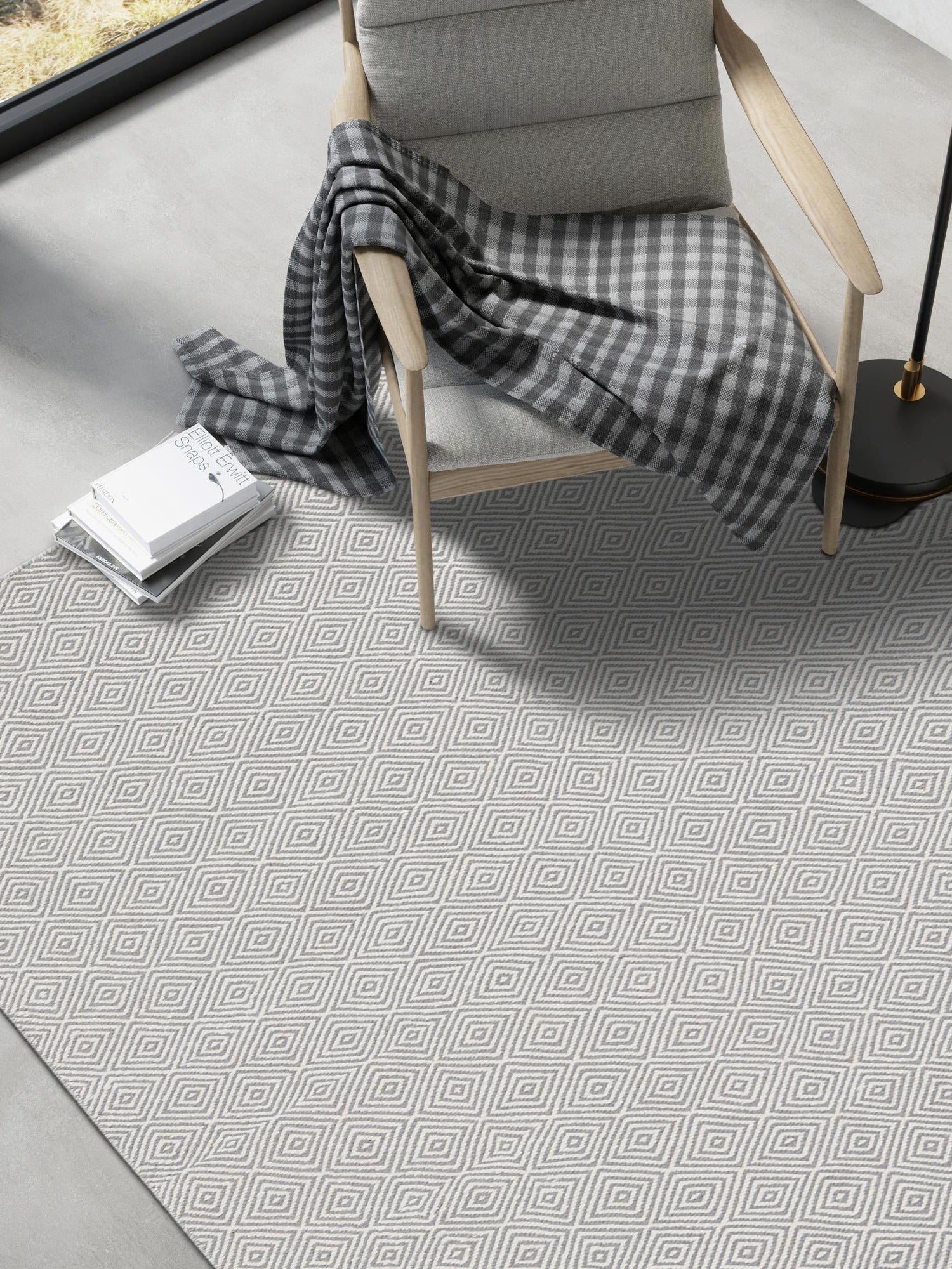 Gray 4' 1 x 6' 1 Geo Trellis Flatweave Rectangle Area Rug 80% Wool & 20% Cotton Natural Geometric Carpet for Living, Office, Dining, Dorms for Sale at Rug Engine