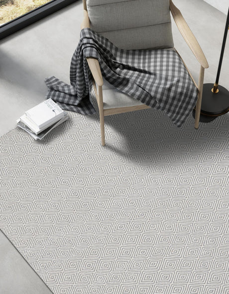 Gray 4' 1 x 6' 1 Geo Trellis Flatweave Rectangle Area Rug 80% Wool & 20% Cotton Natural Geometric Carpet for Living, Office, Dining, Dorms for Sale at Rug Engine