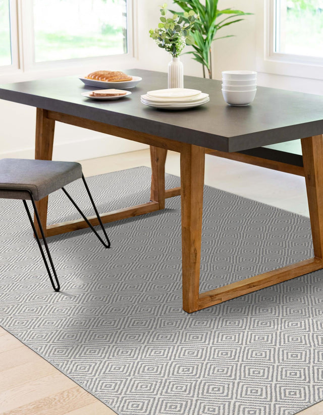 Gray 6' 1 x 9' Geo Trellis Flatweave Rectangle Area Rug 80% Wool & 20% Cotton Natural Geometric Carpet for Living, Office, Dining, Dorms for Sale at Rug Engine