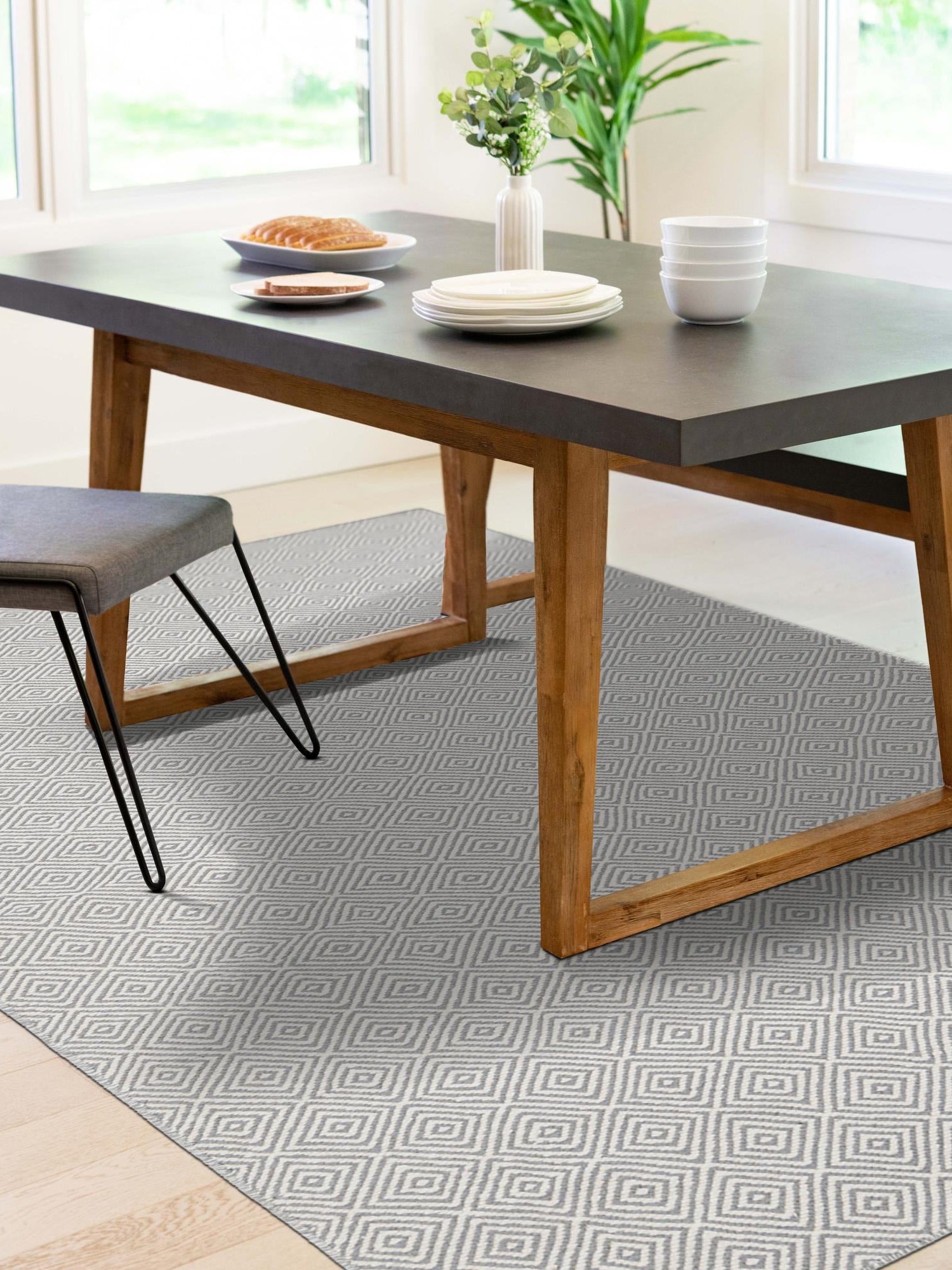 Gray 5' 1 x 8' Geo Trellis Flatweave Rectangle Area Rug 80% Wool & 20% Cotton Natural Geometric Carpet for Living, Office, Dining, Dorms for Sale at Rug Engine