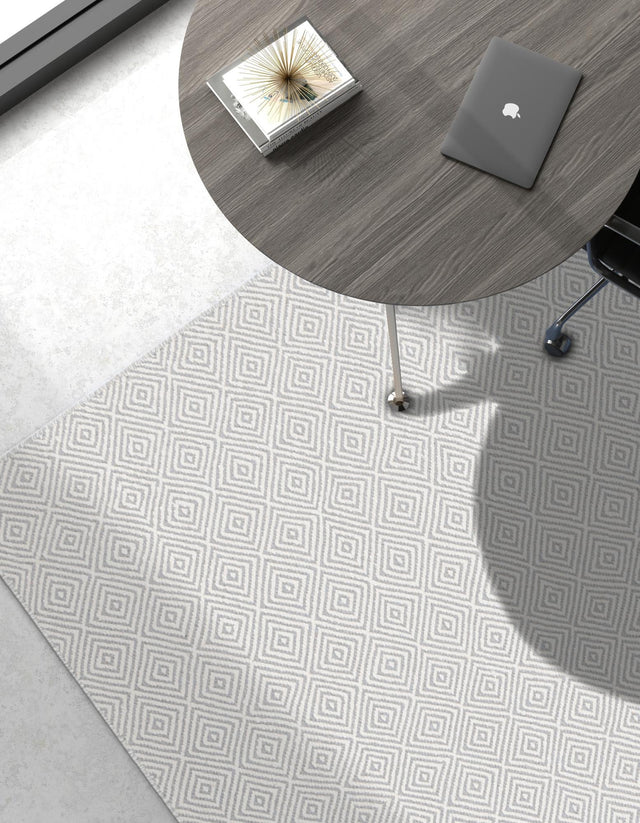 Gray 6' 1 x 9' Geo Trellis Flatweave Rectangle Area Rug 80% Wool & 20% Cotton Natural Geometric Carpet for Living, Office, Dining, Dorms for Sale at Rug Engine