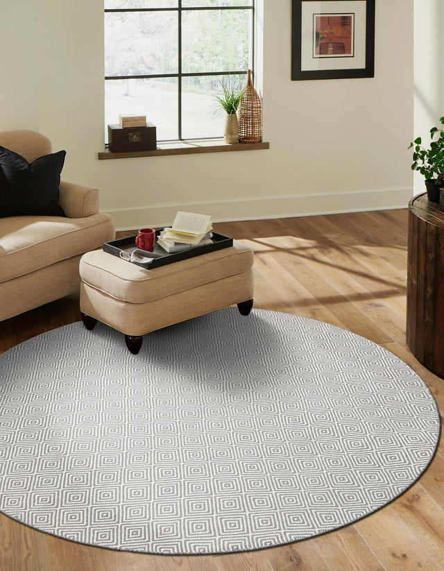 Gray 10' x 10' Geo Trellis Flatweave Round Area Rug 80% Wool & 20% Cotton Natural Geometric Carpet for Living, Office, Dining, Dorms for Sale at Rug Engine