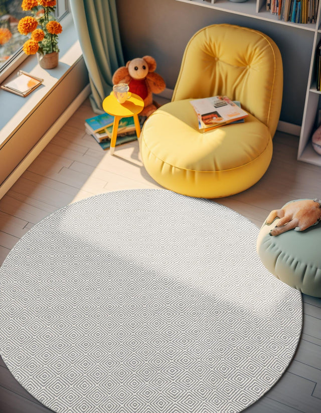 Gray 6' 1 x 6' 1 Geo Trellis Flatweave Round Area Rug 80% Wool & 20% Cotton Natural Geometric Carpet for Living, Office, Dining, Dorms for Sale at Rug Engine