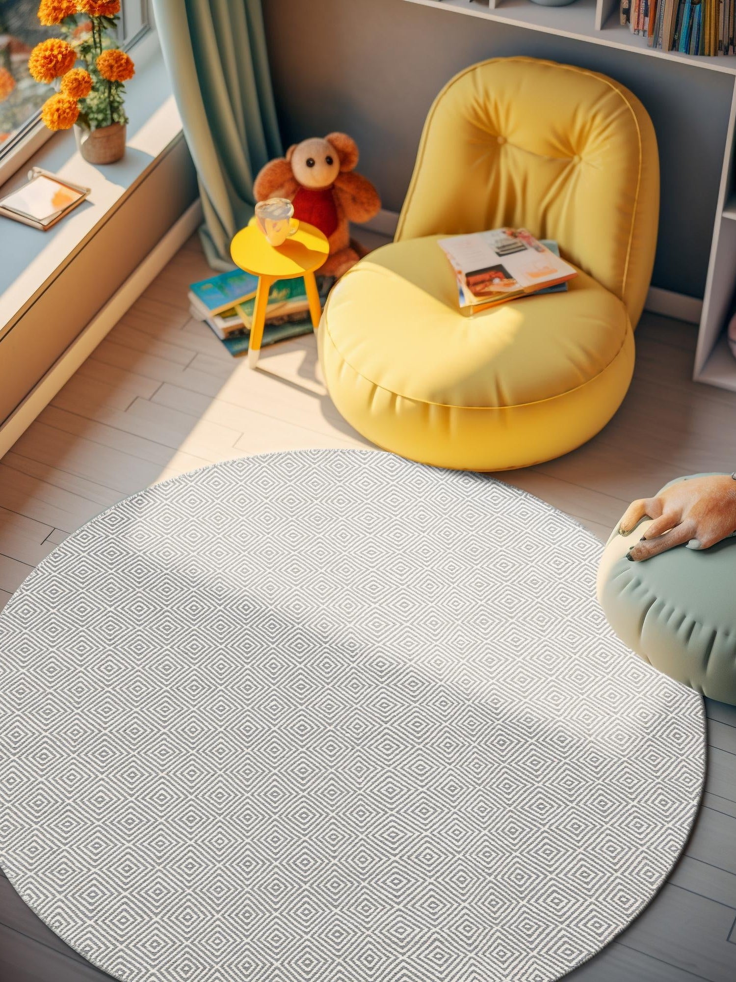 Gray 12' x 12' Geo Trellis Flatweave Round Area Rug 80% Wool & 20% Cotton Natural Geometric Carpet for Living, Office, Dining, Dorms for Sale at Rug Engine