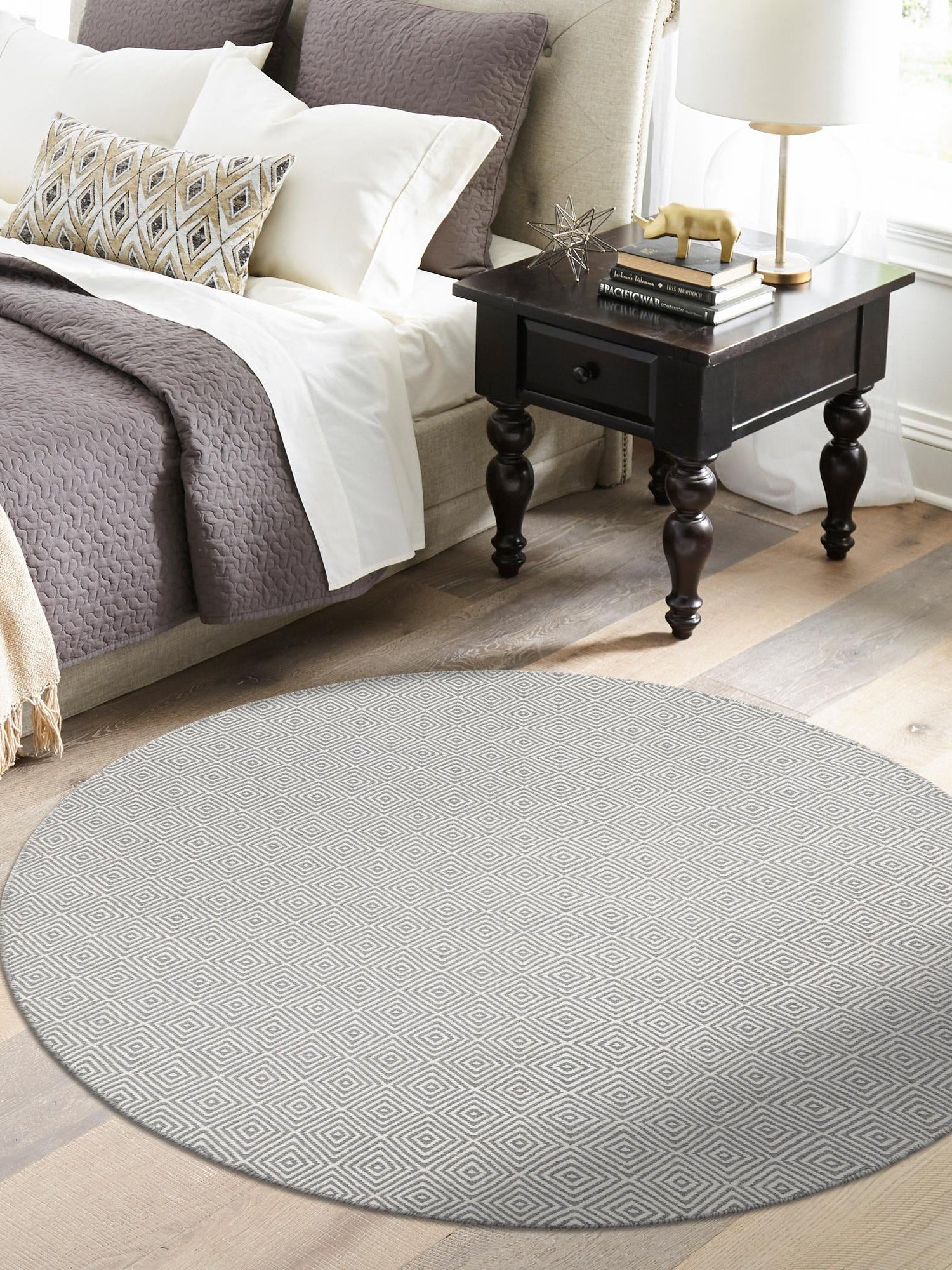 Gray 6' 1 x 6' 1 Geo Trellis Flatweave Round Area Rug 80% Wool & 20% Cotton Natural Geometric Carpet for Living, Office, Dining, Dorms for Sale at Rug Engine