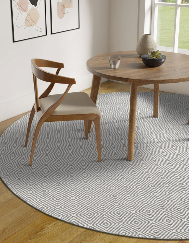 Gray 10' x 10' Geo Trellis Flatweave Round Area Rug 80% Wool & 20% Cotton Natural Geometric Carpet for Living, Office, Dining, Dorms for Sale at Rug Engine