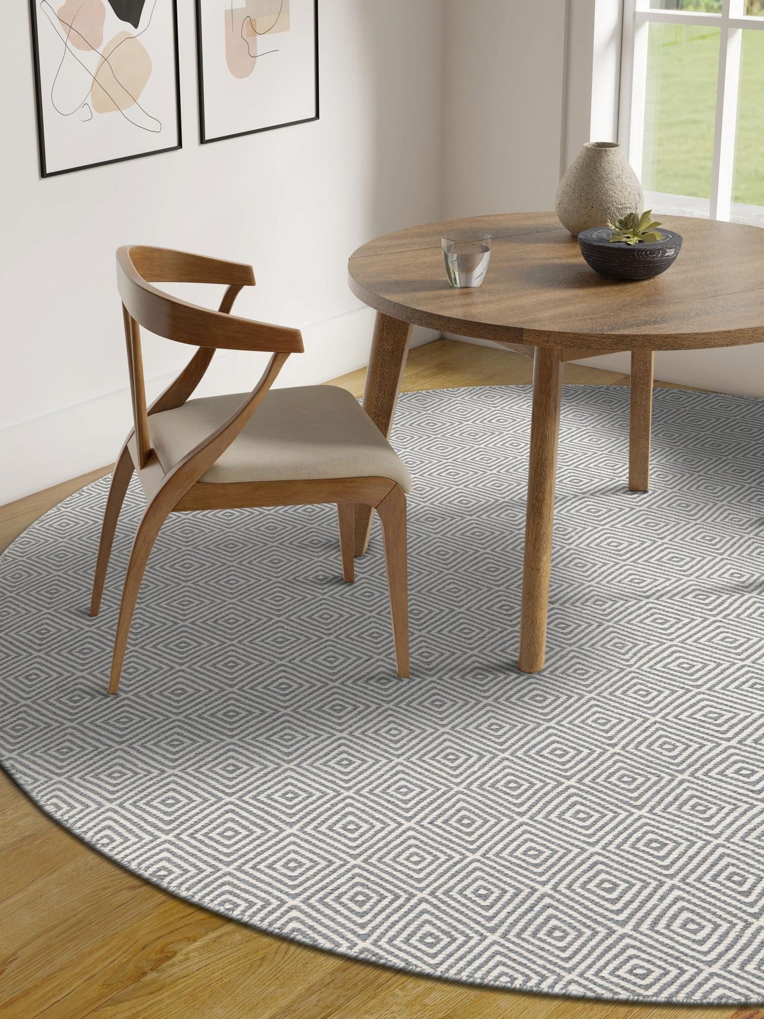 Gray 6' 1 x 6' 1 Geo Trellis Flatweave Round Area Rug 80% Wool & 20% Cotton Natural Geometric Carpet for Living, Office, Dining, Dorms for Sale at Rug Engine