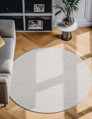 Gray 7' 10 x 7' 10 Geo Trellis Flatweave Round Area Rug 80% Wool & 20% Cotton Natural Geometric Carpet for Living, Office, Dining, Dorms for Sale at Rug Engine