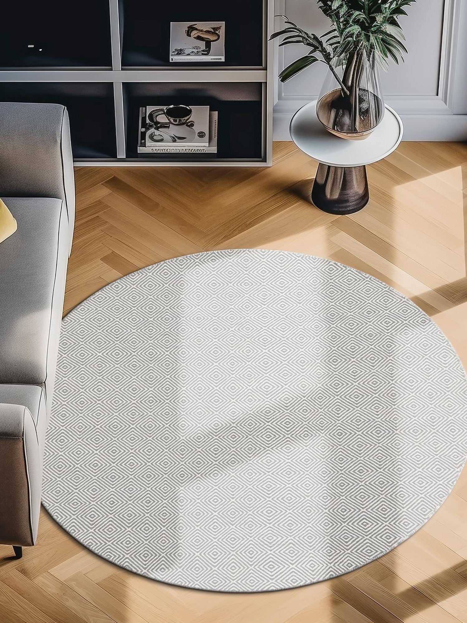 Gray 4' 1 x 4' 1 Geo Trellis Flatweave Round Area Rug 80% Wool & 20% Cotton Natural Geometric Carpet for Living, Office, Dining, Dorms for Sale at Rug Engine