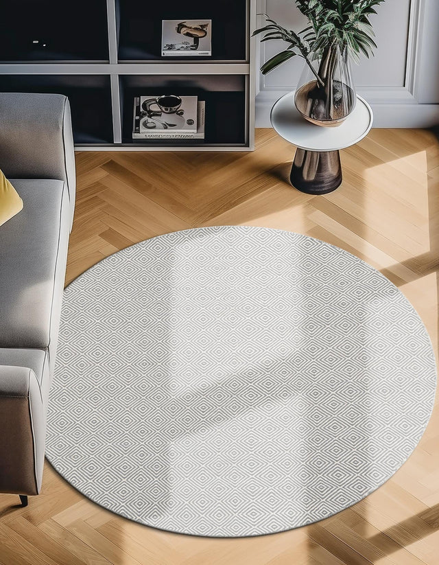 Gray 6' 1 x 6' 1 Geo Trellis Flatweave Round Area Rug 80% Wool & 20% Cotton Natural Geometric Carpet for Living, Office, Dining, Dorms for Sale at Rug Engine