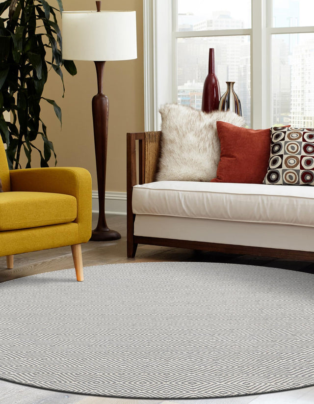 Gray 3' 1 x 3' 1 Geo Trellis Flatweave Round Area Rug 80% Wool & 20% Cotton Natural Geometric Carpet for Living, Office, Dining, Dorms for Sale at Rug Engine
