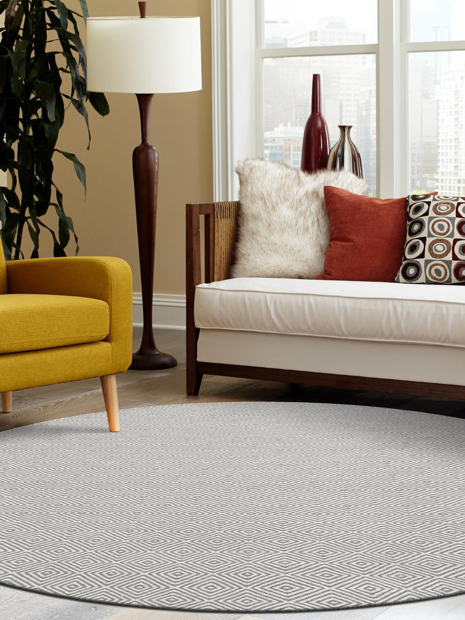 Gray 6' 1 x 6' 1 Geo Trellis Flatweave Round Area Rug 80% Wool & 20% Cotton Natural Geometric Carpet for Living, Office, Dining, Dorms for Sale at Rug Engine