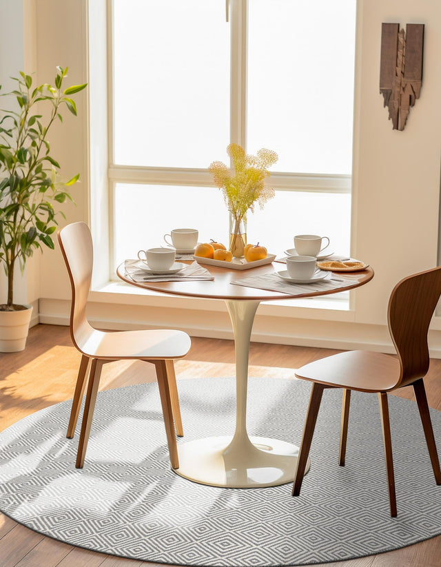 Gray 3' 1 x 3' 1 Geo Trellis Flatweave Round Area Rug 80% Wool & 20% Cotton Natural Geometric Carpet for Living, Office, Dining, Dorms for Sale at Rug Engine