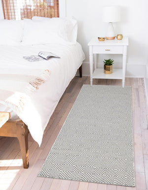 Gray 2' 7 x 14' 1 Geo Trellis Flatweave Runner Area Rug 80% Wool & 20% Cotton Natural Geometric Carpet for Living, Office, Dining, Dorms for Sale at Rug Engine