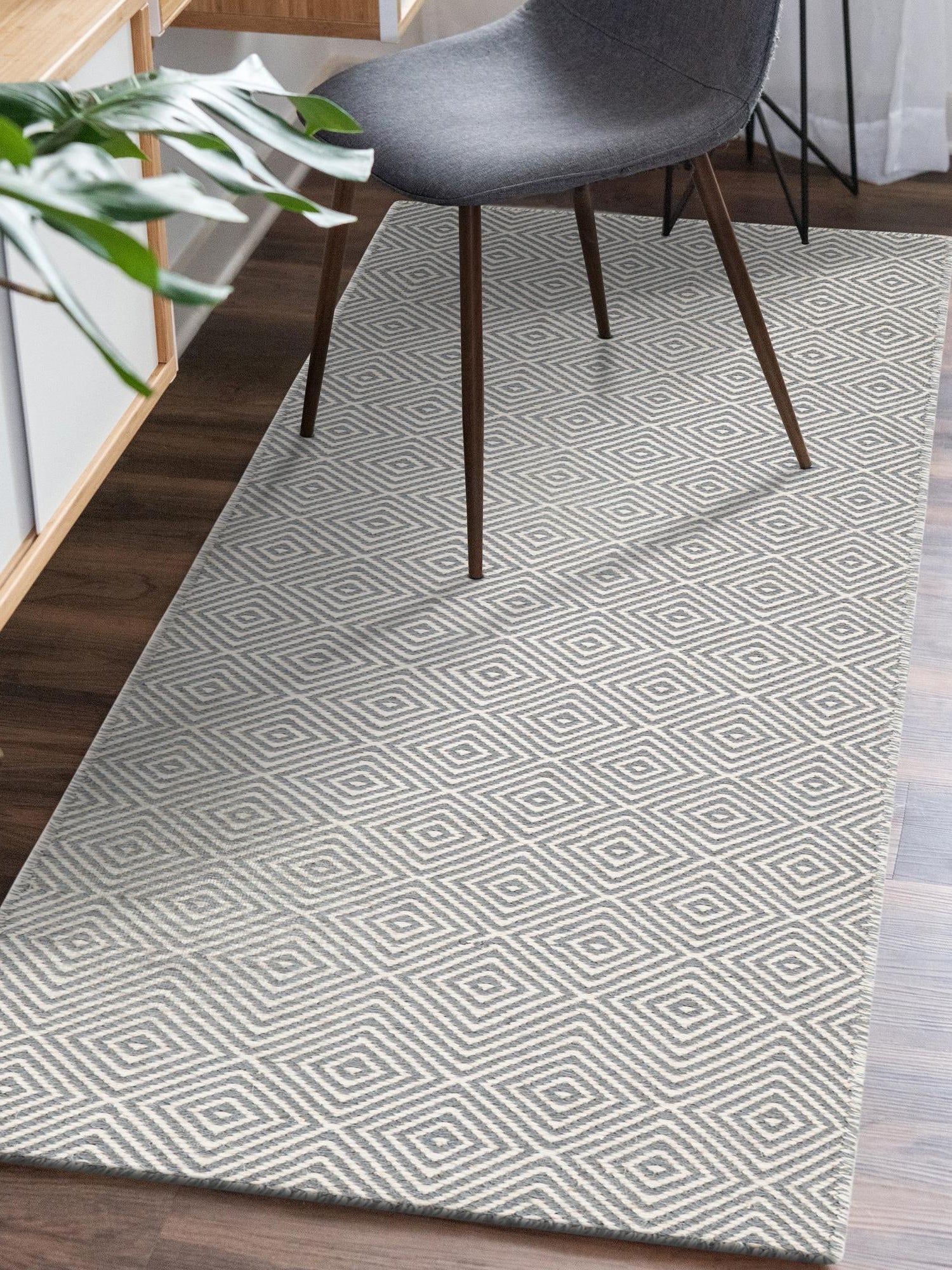Gray 2' 7 x 14' 1 Geo Trellis Flatweave Runner Area Rug 80% Wool & 20% Cotton Natural Geometric Carpet for Living, Office, Dining, Dorms for Sale at Rug Engine