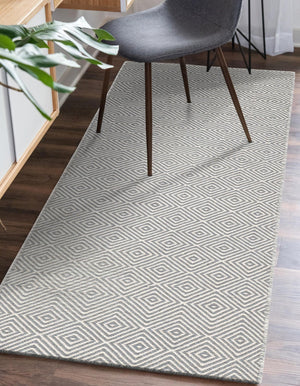 Gray 2' 7 x 14' 1 Geo Trellis Flatweave Runner Area Rug 80% Wool & 20% Cotton Natural Geometric Carpet for Living, Office, Dining, Dorms for Sale at Rug Engine