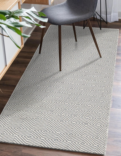 Gray 2' 7 x 14' 1 Geo Trellis Flatweave Runner Area Rug 80% Wool & 20% Cotton Natural Geometric Carpet for Living, Office, Dining, Dorms for Sale at Rug Engine