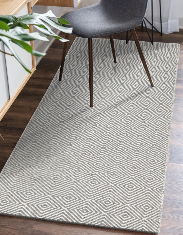 Gray 2' 7 x 14' 1 Geo Trellis Flatweave Runner Area Rug 80% Wool & 20% Cotton Natural Geometric Carpet for Living, Office, Dining, Dorms for Sale at Rug Engine
