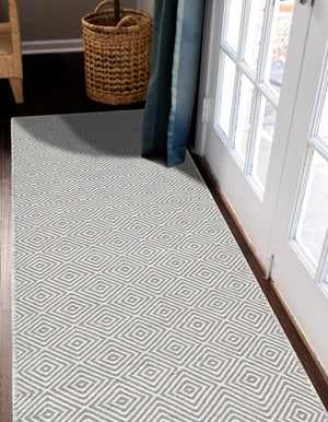 Gray 2' 7 x 14' 1 Geo Trellis Flatweave Runner Area Rug 80% Wool & 20% Cotton Natural Geometric Carpet for Living, Office, Dining, Dorms for Sale at Rug Engine
