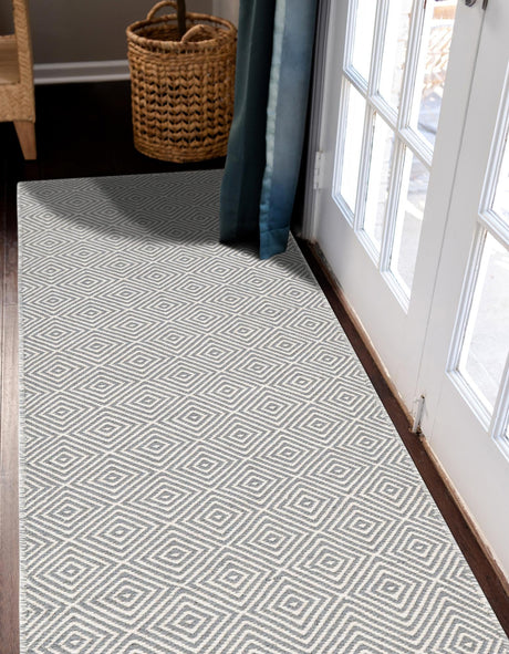 Gray 2' 7 x 14' 1 Geo Trellis Flatweave Runner Area Rug 80% Wool & 20% Cotton Natural Geometric Carpet for Living, Office, Dining, Dorms for Sale at Rug Engine