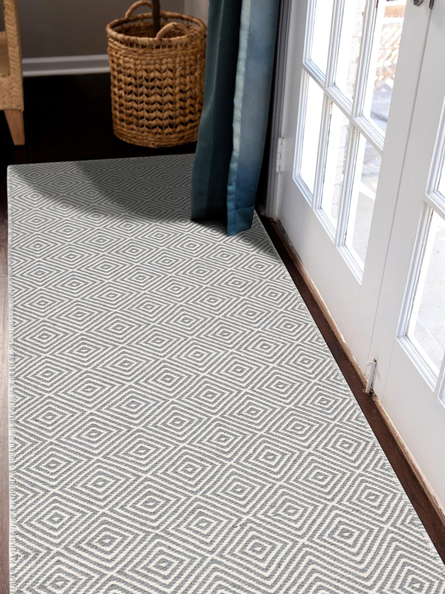 Gray 2' x 6' 1 Geo Trellis Flatweave Runner Area Rug 80% Wool & 20% Cotton Natural Geometric Carpet for Living, Office, Dining, Dorms for Sale at Rug Engine