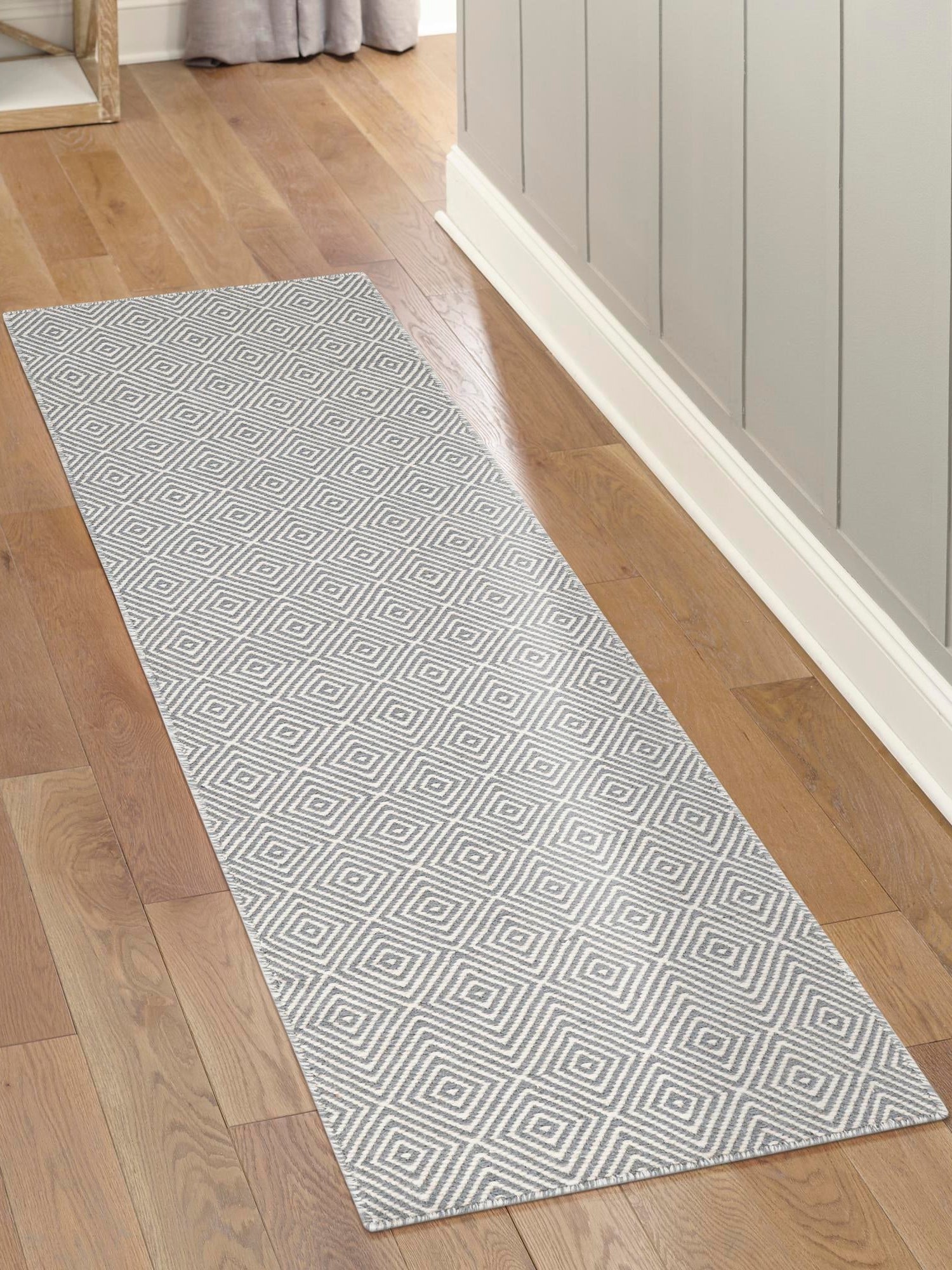 Gray 2' 7 x 14' 1 Geo Trellis Flatweave Runner Area Rug 80% Wool & 20% Cotton Natural Geometric Carpet for Living, Office, Dining, Dorms for Sale at Rug Engine